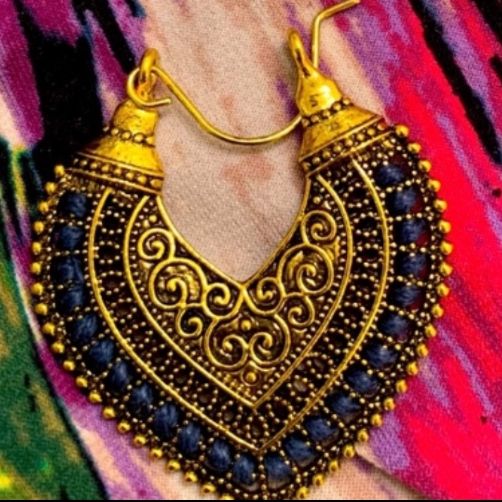 Blue And Gold Bohemian Earrings With Intricate Design And Heart Shape